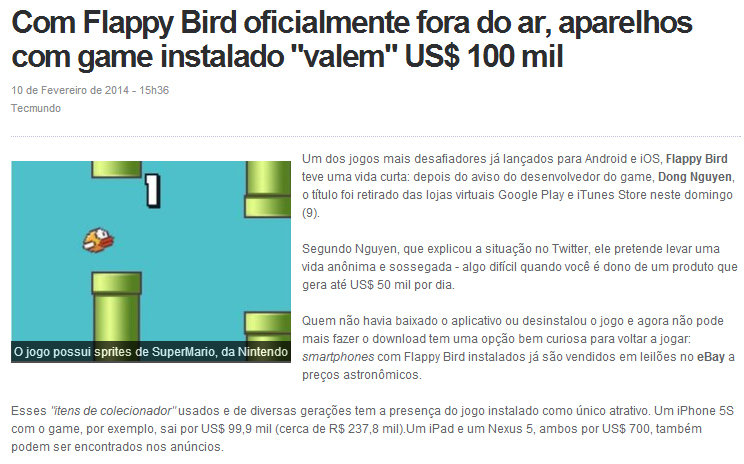Flappy Bird sai do ar e aparelhos com game instalado valem até US$ 100 mil