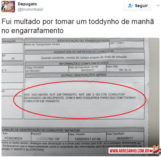 Multado por tomar toddynho no engarrafamento